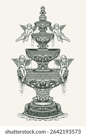 An elegant vector illustration in an engraving style, showcasing a multi-tiered ornate fountain adorned with cherubs and flowing water details.