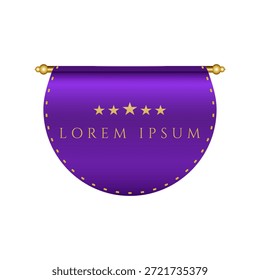 Uma elegante ilustração vetorial com um banner ou pergaminho roxo curvo, suspenso de uma haste dourada com finais decorativos. Ele exibe proeminentemente cinco estrelas douradas e inclui texto de espaço reservado, tornando-o ideal para indicar qualidade premium, classificação, revisões, prêmios ou como um elemento de design decorativo para certificados, emblemas e rótulos. O banner apresenta detalhes sutis de costura ao longo de sua borda curva, adicionando ao seu apelo sofisticado.