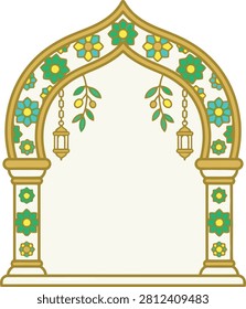 An elegant vector illustration featuring a decorative Islamic-style arched doorway adorned with floral motifs and hanging lanterns, perfect for cultural event designs.