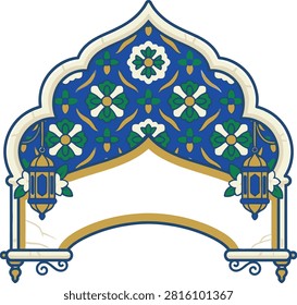 An elegant vector illustration featuring a decorative archway frame with traditional floral patterns and hanging lanterns, perfect for cultural event invitations.