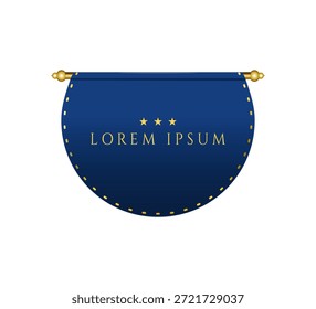 Uma elegante ilustração vetorial com um estandarte azul profundo ou flâmula, de forma semicircular, suspenso de uma haste decorativa dourada. O banner é adornado com três estrelas douradas e uma borda dourada costurada, transmitindo um senso de qualidade premium, realização e luxo. Ideal para prêmios, emblemas, certificados, marcas, etiquetas ou elementos gráficos decorativos.