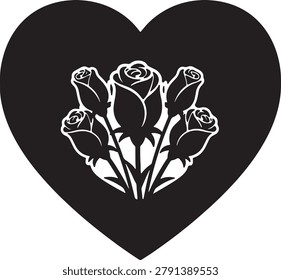 Elegant vector illustration featuring five black roses forming a beautiful bouquet, presented within a dark gray heart on transparent background, symbolizing deep love and affection.
