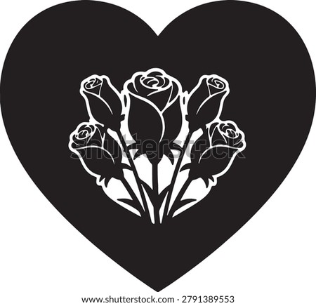 Elegant vector illustration featuring five black roses forming a beautiful bouquet, presented within a dark gray heart on transparent background, symbolizing deep love and affection.