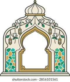 An elegant vector illustration featuring an intricate decorative archway adorned with hanging lanterns and floral vines, accented with geometric mosaic patterns.