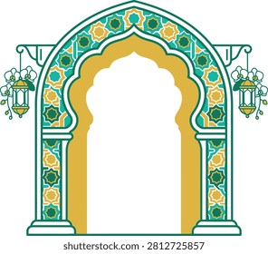 An elegant vector illustration featuring an ornate archway decorated with intricate geometric patterns and traditional hanging lanterns for festive events.