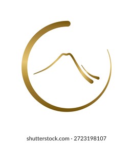 Una elegante Ilustración vectorial con una estilizada silueta dorada de la cima de la montaña encerrada dentro de un círculo dorado incompleto. El diseño es minimalista y moderno, adecuado para marcas de lujo, agencias de viajes, deportes de aventura o cualquier negocio que busque un tema sofisticado y natural. Las líneas suaves y el acabado metálico degradado le dan una sensación premium.