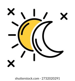 Elegante ilustração vetorial com um sol e lua juntos, simbolizando equilíbrio e harmonia. Perfeito para projetos de design, logotipos e arte digital.