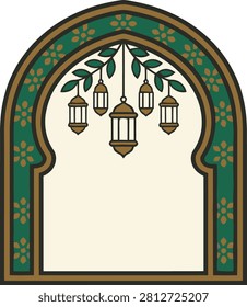An elegant vector illustration featuring a traditional arched frame decorated with floral patterns, containing a set of hanging lanterns. Ideal for cultural design themes and festive greeting card backgrounds.