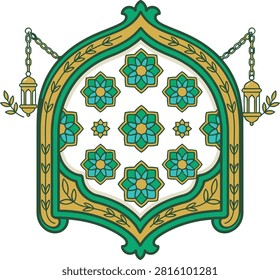 An elegant vector illustration featuring a traditional Islamic archway adorned with ornate floral motifs and two hanging gold lanterns on a clean background.