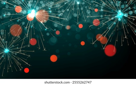 Elegant vector illustration featuring vibrant sparkling fireworks and glowing bokeh lights on a dark festive background.