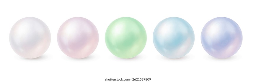 Ilustração vetorial elegante de cinco pérolas pastel brilhantes em tons de branco, rosa, verde, azul e violeta. Perfeito para cosméticos premium, marca de luxo, embalagem ou visuais de moda.