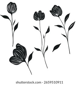 Ilustração vetorial elegante de cinco elementos florais pretos estilizados com texturas lineares, isolados sobre fundo branco, perfeito para projetos de design.