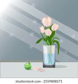  Elegant vector illustration of a glass vase with soft pink tulips, green leaves, and water. A small green apple and petals rest on a modern tabletop with sunlight streaming through a window. 