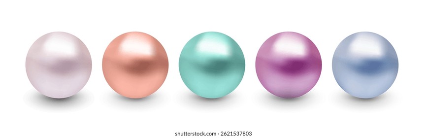 Ilustração vetorial elegante de pérolas multicoloridas brilhantes em tons pastel e vibrantes. Ideal para marcas de joias, embalagens, publicidade e projetos de design gráfico com tema de luxo.