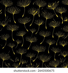 Elegant vector illustration of golden dandelion seeds floating against a dark background