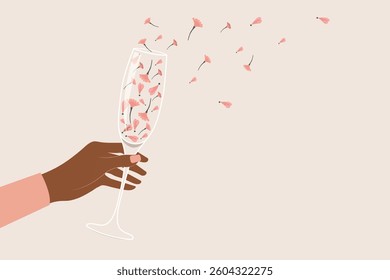 Elegant vector illustration of a hand holding a champagne glass filled with delicate pink flowers. Perfect for branding, wedding invitations, luxury designs, minimalist aesthetics and social media.