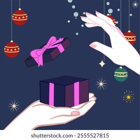 Elegant vector illustration of hands exchanging a gift box with festive decorations and holiday ornaments in the background. Perfect for Christmas and New Year designs