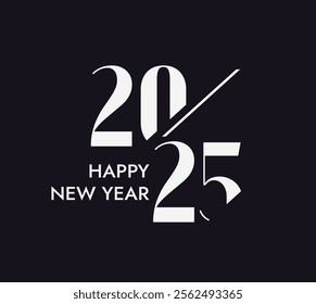 Elegant vector illustration of Happy New Year 2025 with sleek typography on a black background. Perfect for holiday cards, banners, and festive projects