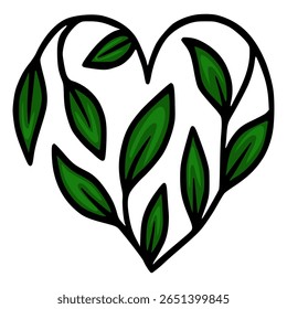 Elegant vector illustration of a heart-shaped frame adorned with stylized green leaves, showcasing a unique blend of nature and geometric design elements.