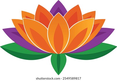 Elegant vector illustration of a lotus flower featuring vibrant orange, purple, and green tones. Ideal for spiritual, yoga, meditation, wellness, and floral-themed design projects