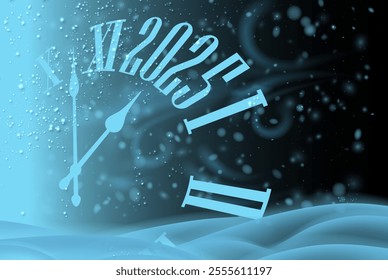 Elegant vector illustration of a midnight countdown to 2025, featuring a blue clock and snowflake elements in a winter scene.