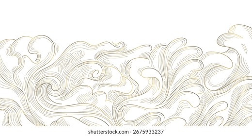 Elegante Ilustración vectorial de estilo oriental con ondas doradas, líneas abstractas y adornos geométricos, minimalistas y lujosos. El fondo de inspiración japonés-chino con el océano, mar, río