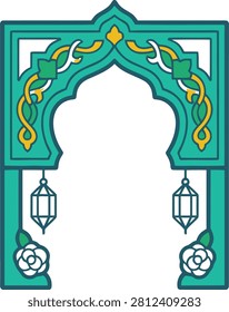 Elegant vector illustration of an ornamental arch with intricate patterns, hanging lanterns, and rose elements. Perfect for cultural events, holidays, or decorative design.