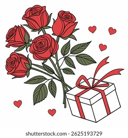 Elegant vector illustration of a red rose flower with a gift box. Perfect for Valentine’s Day, romantic occasions, anniversaries, wedding cards, and floral-themed graphic design.