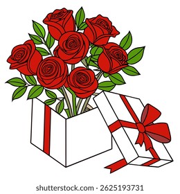 Elegant vector illustration of a red rose flower with a gift box. Perfect for Valentine’s Day, romantic occasions, anniversaries, wedding cards, and floral-themed graphic design.