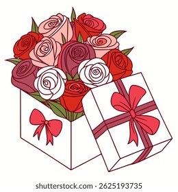 Elegant vector illustration of a red rose flower with a gift box. Perfect for Valentine’s Day, romantic occasions, anniversaries, wedding cards, and floral-themed graphic design.