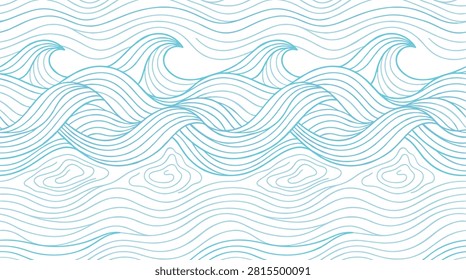Elegant vector illustration of rolling ocean waves and swirling water currents rendered in soft blue shades with organic flowing lines creating a tranquil maritime atmosphere for wallpaper design textile prints and coastal themed graphic projects and artistic backgrounds.
