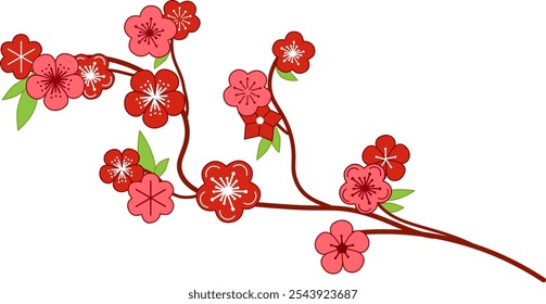 Elegant vector illustration of a Sakura branch, commonly used in Japanese Kabuki art, featuring pink blossoms. Cartoon graphic illustration composition
