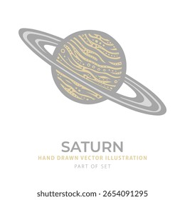 Ilustração vetorial elegante de Saturno com anéis de assinatura e tons bege-cinzas suaves. Textura estilizada em estilo cósmico desenhado à mão. Perfeito para ciência e arte. Parte do set.