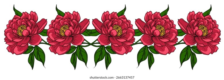 Elegant vector illustration of a seamless border featuring five crimson peonies with detailed petals and vibrant green leaves, perfect for design projects.