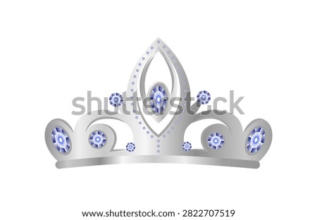 Elegant vector illustration of a shiny silver bridal tiara diadem decorated with blue sapphire crystal gemstones. Isolated luxury accessory on white background.
