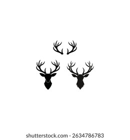 Elegant vector illustration showcasing deer head silhouettes and impressive antlers against a clean white background. This graphic offers a modern and minimalist design perfect for logos, emblems, or 