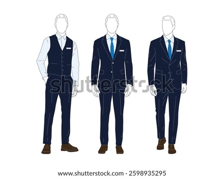 Elegant vector illustration showcasing three variations of men's formal suits, including a vest option. Ideal for fashion design, branding, and professional presentations. Fully editable.