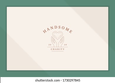 Elegant vector illustration of simple logo template with linear human hands holding and giving heart symbol designed for charitable organization line style