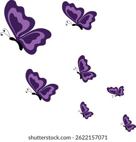 Ilustração vetorial elegante de seis borboletas roxas voadoras, simbolizando transformação, esperança e apoio para a Consciência do Lúpus.