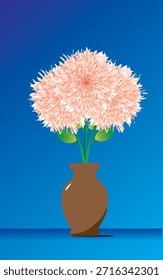 Elegante Ilustración vectorial de ramo de flores de color rosa suave en un jarrón marrón con fondo azul degradado. Diseño floral decorativo adecuado para la decoración de interiores, tarjetas de felicitación, carteles, Anuncios, Fondos de pantalla y Materiales promocionales.