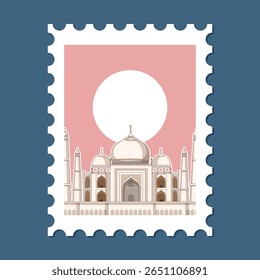 Ilustração vetorial elegante do Taj Mahal em um selo postal estilizado com um fundo rosa e design minimalista