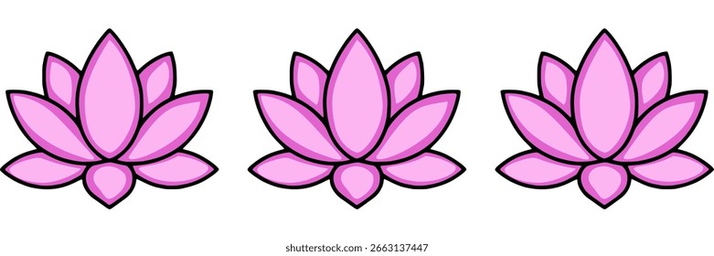 Elegant vector illustration of three stylized pink lotus flowers with bold outlines, perfect for design elements or decorative borders.