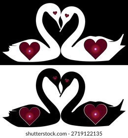 Elegant vector illustration of two graceful white swans on a serene lake, their long necks curved to form a perfect heart shape. This romantic silhouette symbolizes eternal love, unity, and fidelity, making it ideal for wedding invitations, Valentine's Day decor, and heartfelt anniversary gifts