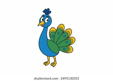 Ilustración vectorial elegante de un pavo real vibrante con detalles de plumas intrincadas, perfecto para diseños decorativos, camisetas y arte digital.
