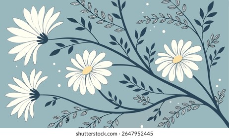 Elegant vector illustration of white daisy flowers on blue branches with leaves against a soft blue background. Perfect for nature, spring, or decorative designs.