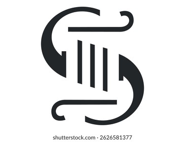 Elegante vetor isolado monograma preto e branco logotipo com letra estilizada S e elemento de coluna de pedra clássica. Ideal para arquitetura, marcas de luxo, temas históricos ou identidade visual premium.