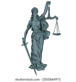 "Elegant vector of Lady Justice, blindfolded, holding scales and a sword. Detailed in grayscale, this illustration symbolizes impartiality and justice, perfect for legal or judicial themes."