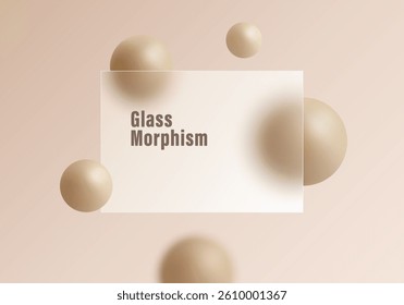 Elegant vector layout in beige tones with frosted glass panel, soft light spheres, and modern glass morphism design for UI or backgrounds.
