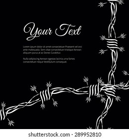Elegant vector lettering in abstract style with Marijuana leaves and barbed wire, place for text. Perfect for invitations, greeting cards, save the date.