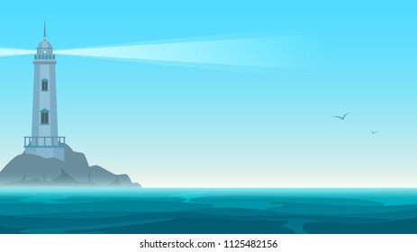Elegant vector Lighthouse on rock island. Navigation Beacon building in blue sea ocean